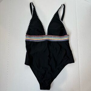 Black One-Piece Swimsuit with Rainbow Zigzag Trim – Size XL